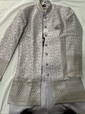 Elegant Embroidered Mens Long Coat Jacket in Light purple